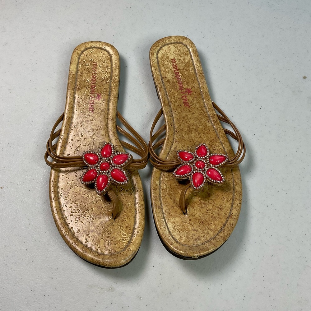 Elegant Gold and Red Women's Sandals with coral flower size 7